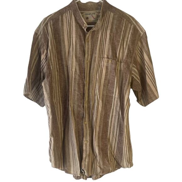 Creative Edge Men's Size Large Brown Striped Linen Short Sleeve Button Up - Picture 1 of 7
